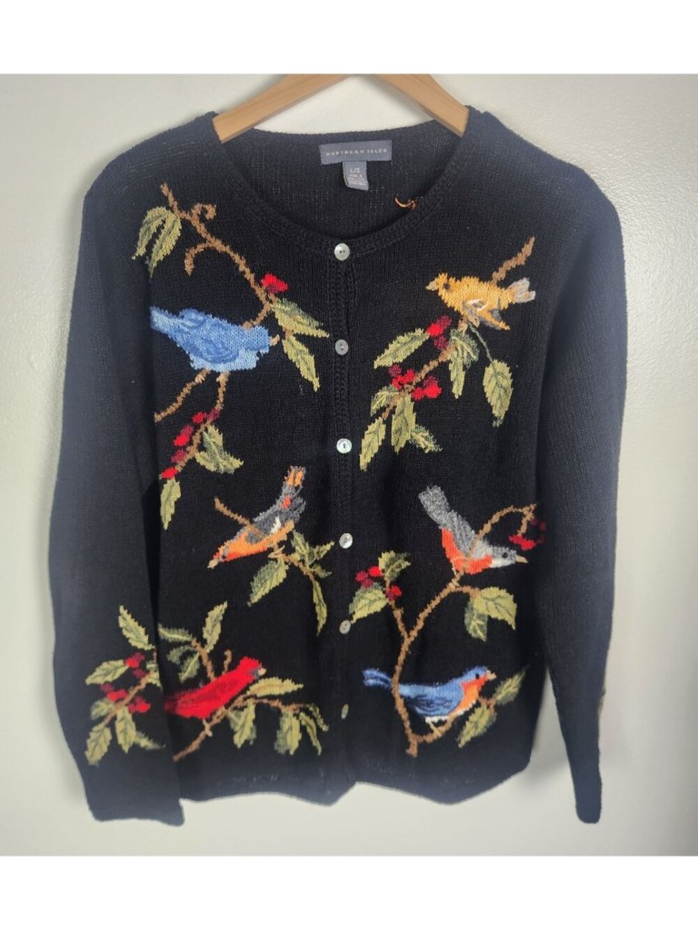Vtg Northern Isles Cardigan Sweater Women's L Cardinals Blue Bird Embroidered